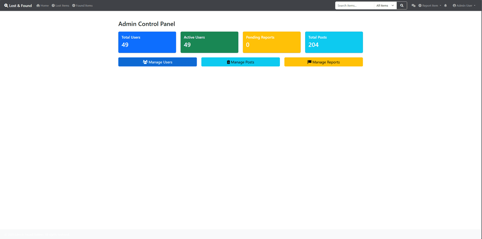 The Admin Control Panel with totals for users, active users, pending reports and posts, and buttons to manage users, posts and reports.
