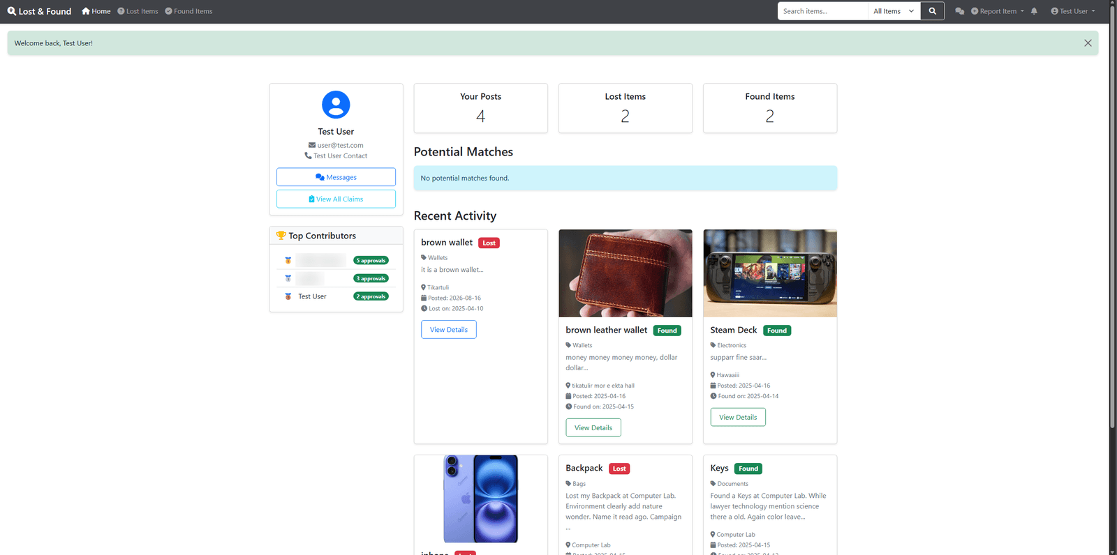 The user dashboard: profile, counts of posts and lost and found items, a Potential Matches section, recent lost and found reports as cards, and a top contributors list.