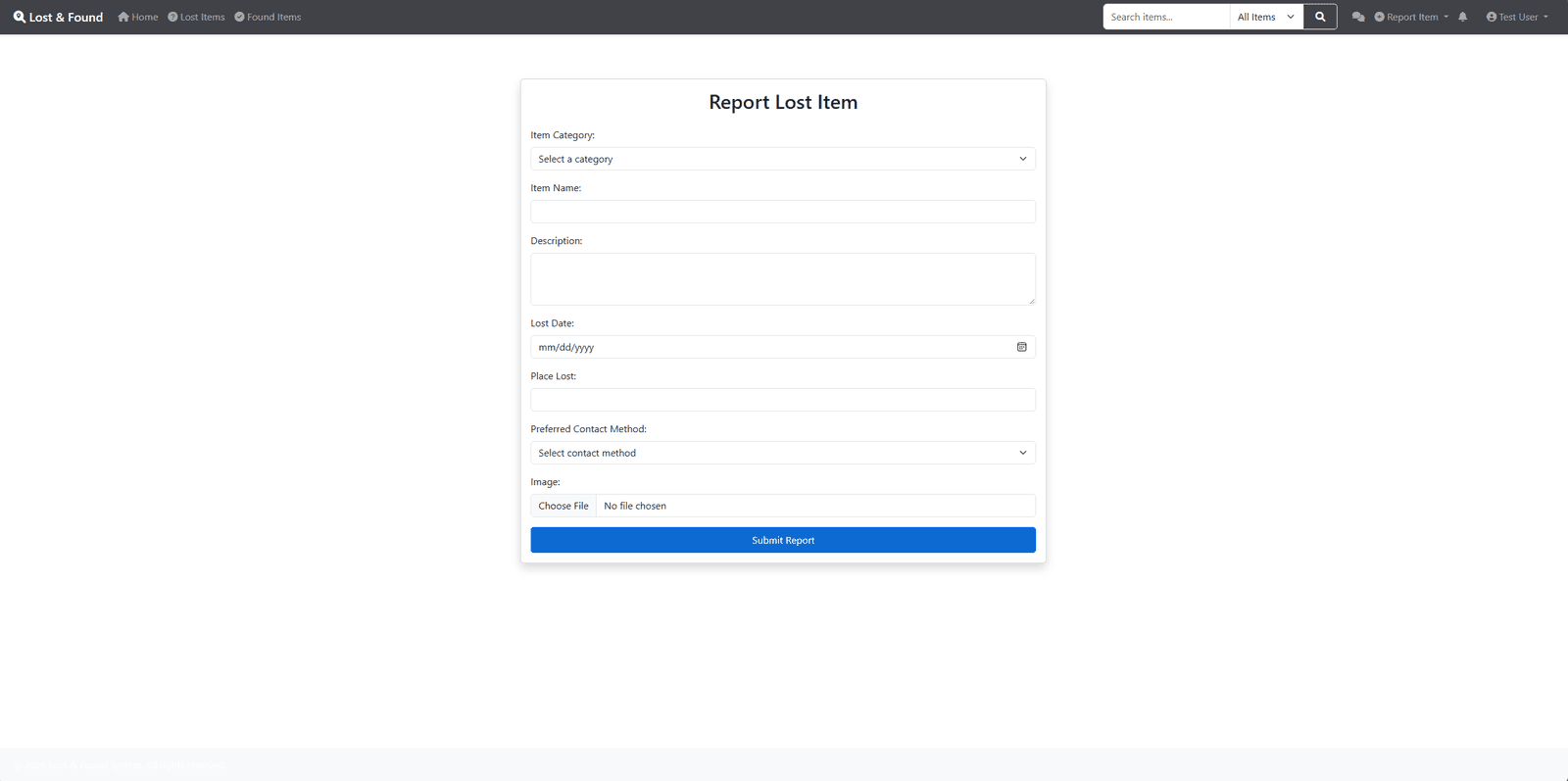 The Report Lost Item form with category, name, description, date, place, preferred contact method and image fields.