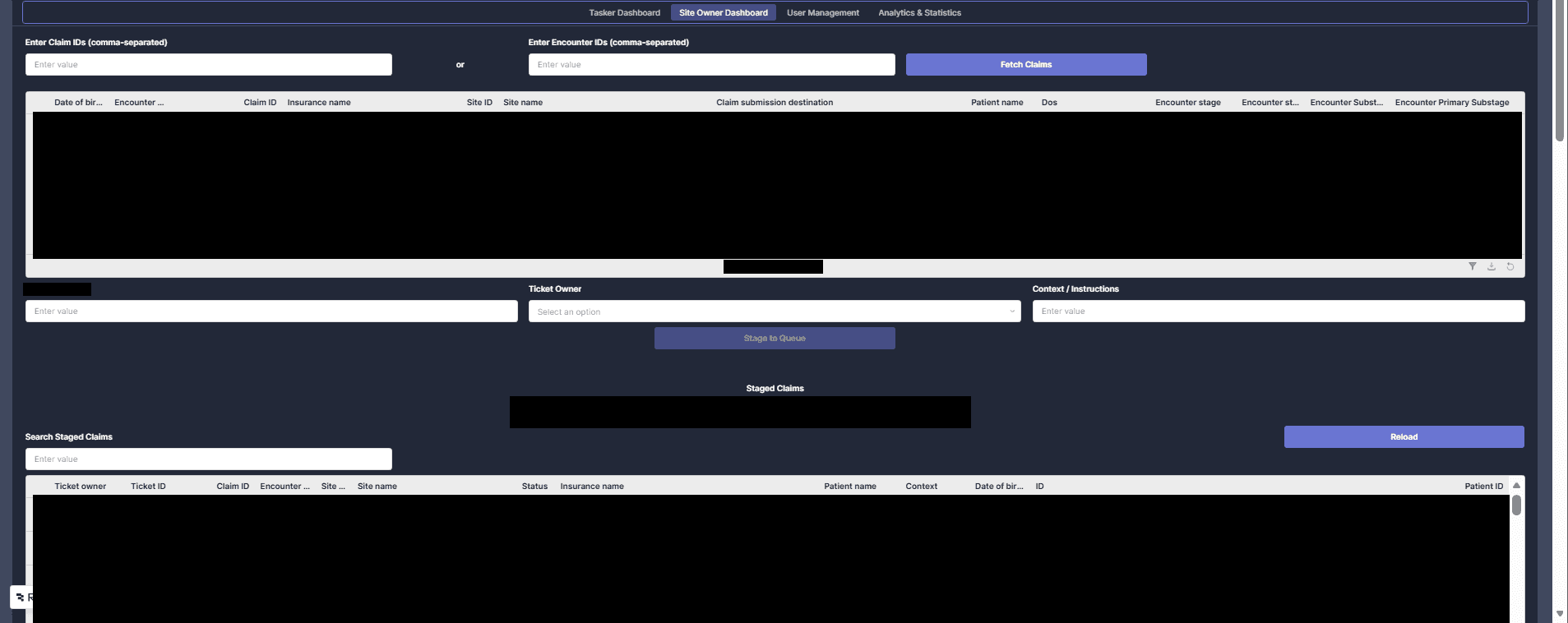 The site owner dashboard: claim and encounter ID inputs, a fetched claims table, owner and context fields, and a staged claims table. All row data is blacked out.