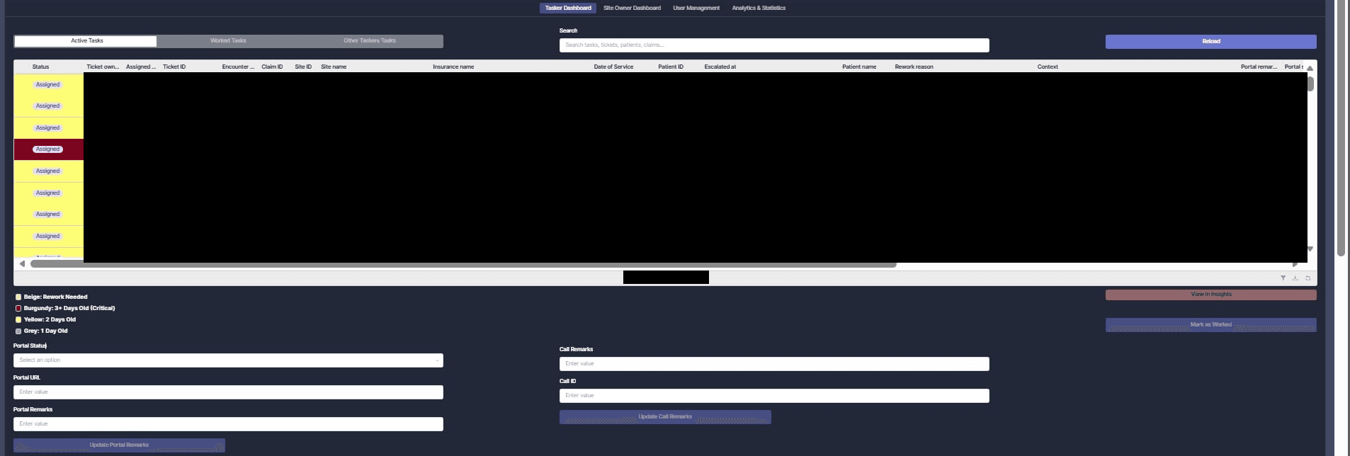 The tasker dashboard: a claims queue with rows coloured by age, a colour legend, and fields for portal and call remarks. All row data is blacked out.