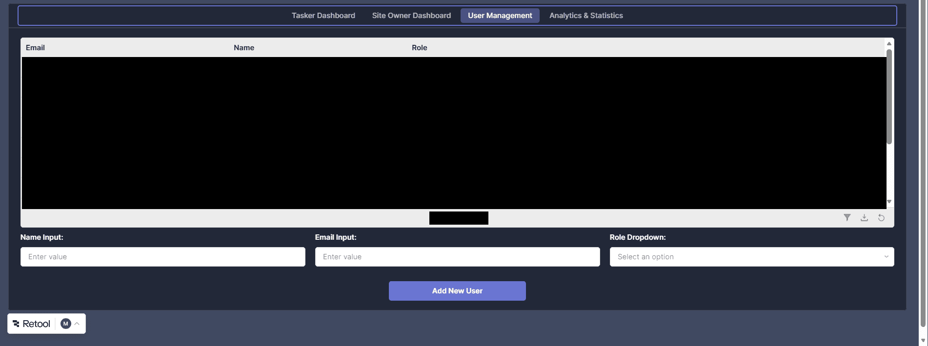 User management: a table of email, name and role, with inputs to add a user. All row data is blacked out.